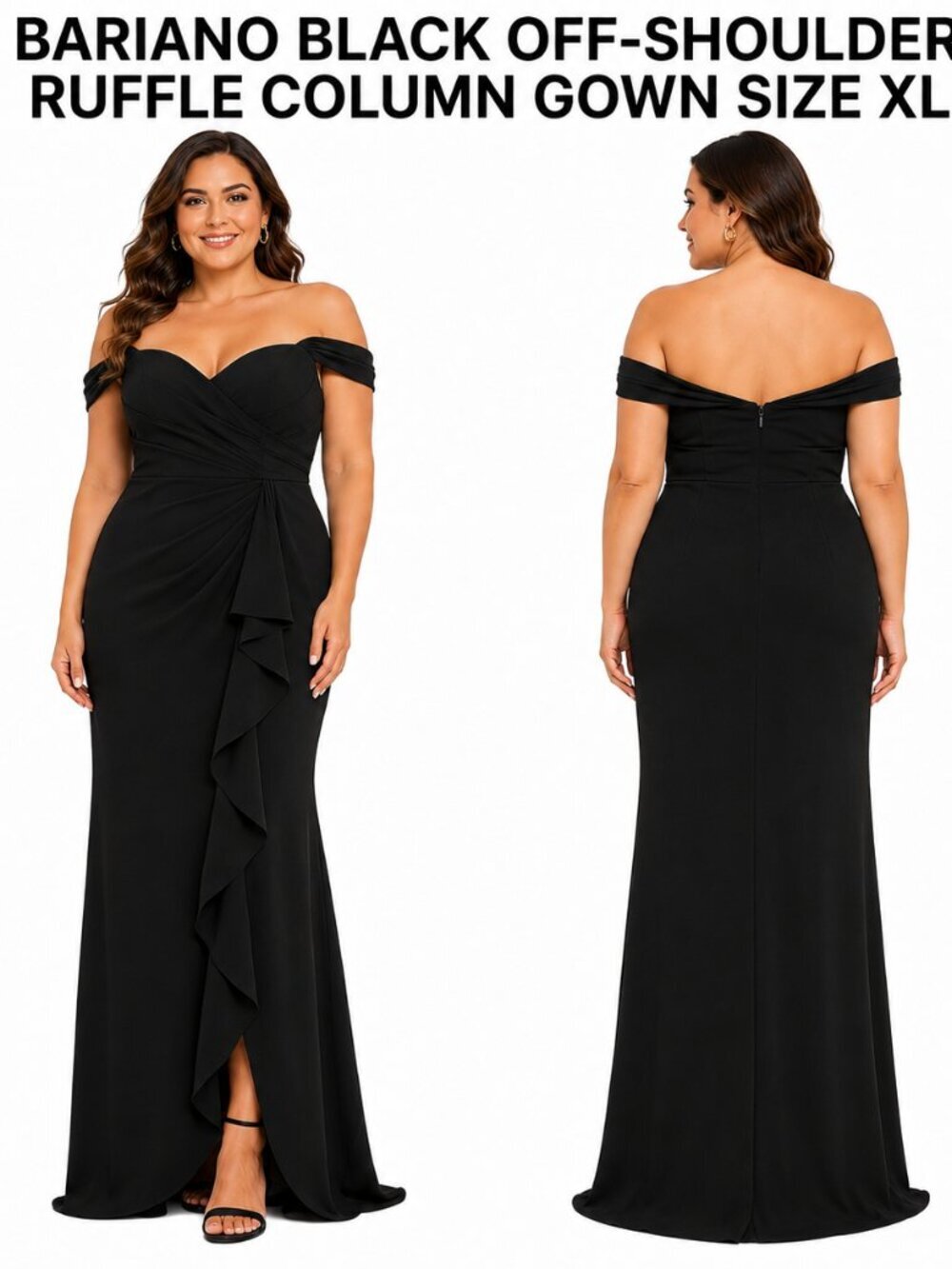 BARIANO BLACK OFF-SHOULDER RUFFLE COLUMN GOWN SIZE XL / US14-16